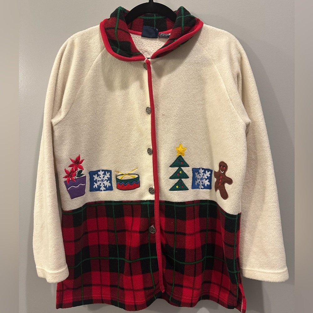 Renee M Sport Vintage Button-Up Tacky Christmas Jacket Size M Cream and Plaid